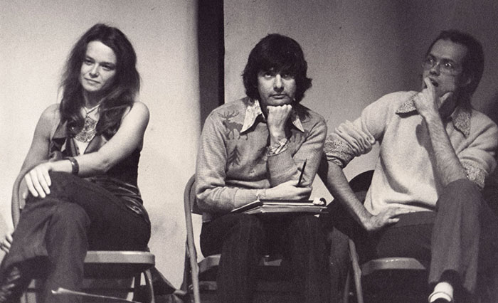 Anne Waldman, Larry Fagin, and Ron Padgett, probably when the three were making a poets-in-the-schools presentation in Wilmington, Del., circa 1974. Possibly Ron Shapiro photo.