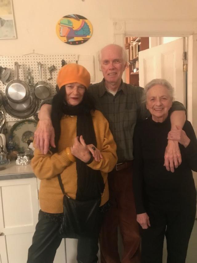 Anne Waldman, Ron Padgett, and Pat Padgett in the Padgetts’ NYC apartment after lunch there, Dec. 10, 2019. Art work by Trevor Winkfield. Teresa Mitchell photo.