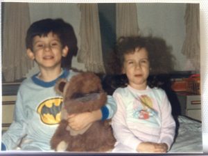 0158: Angela and Toby pose with Ewok in Stamford, Conn., year unknown.