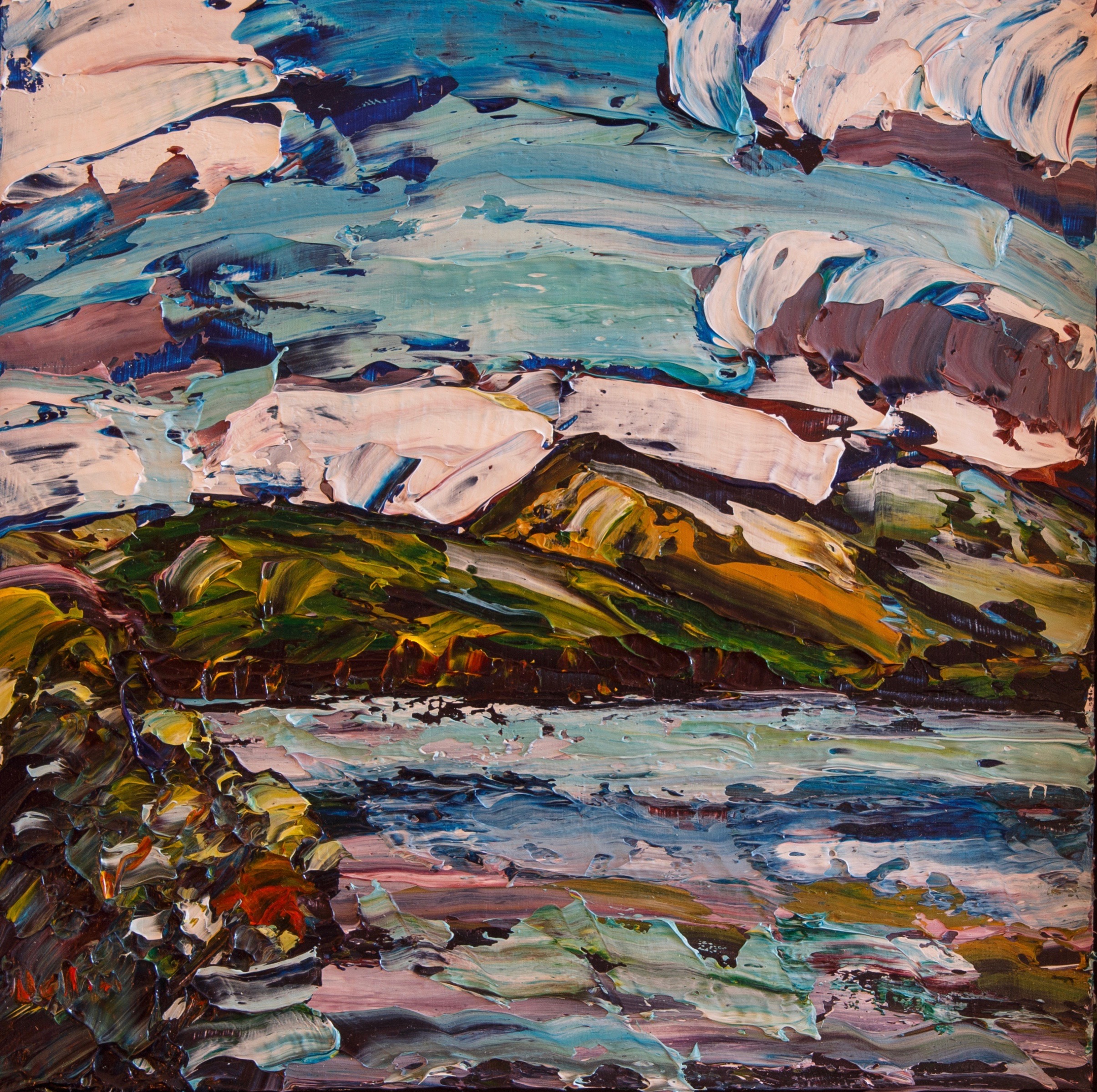 Morning Colors (Kent Pond, Killington). Acrylic on pine board, 12″ x 12″.